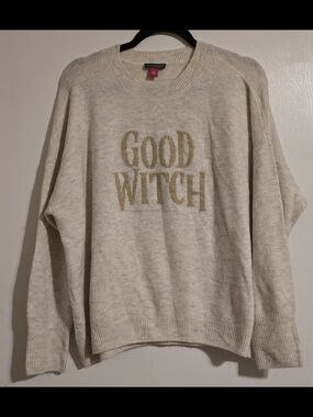 Vince Camuto Good Witch Sweater Women's Large Beige Metallic Graphic Pullover
